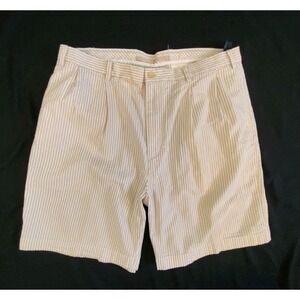 Nautica Rigor Shorts Seersucker White Tan Stripe Pleated Front Preppy Summer 38